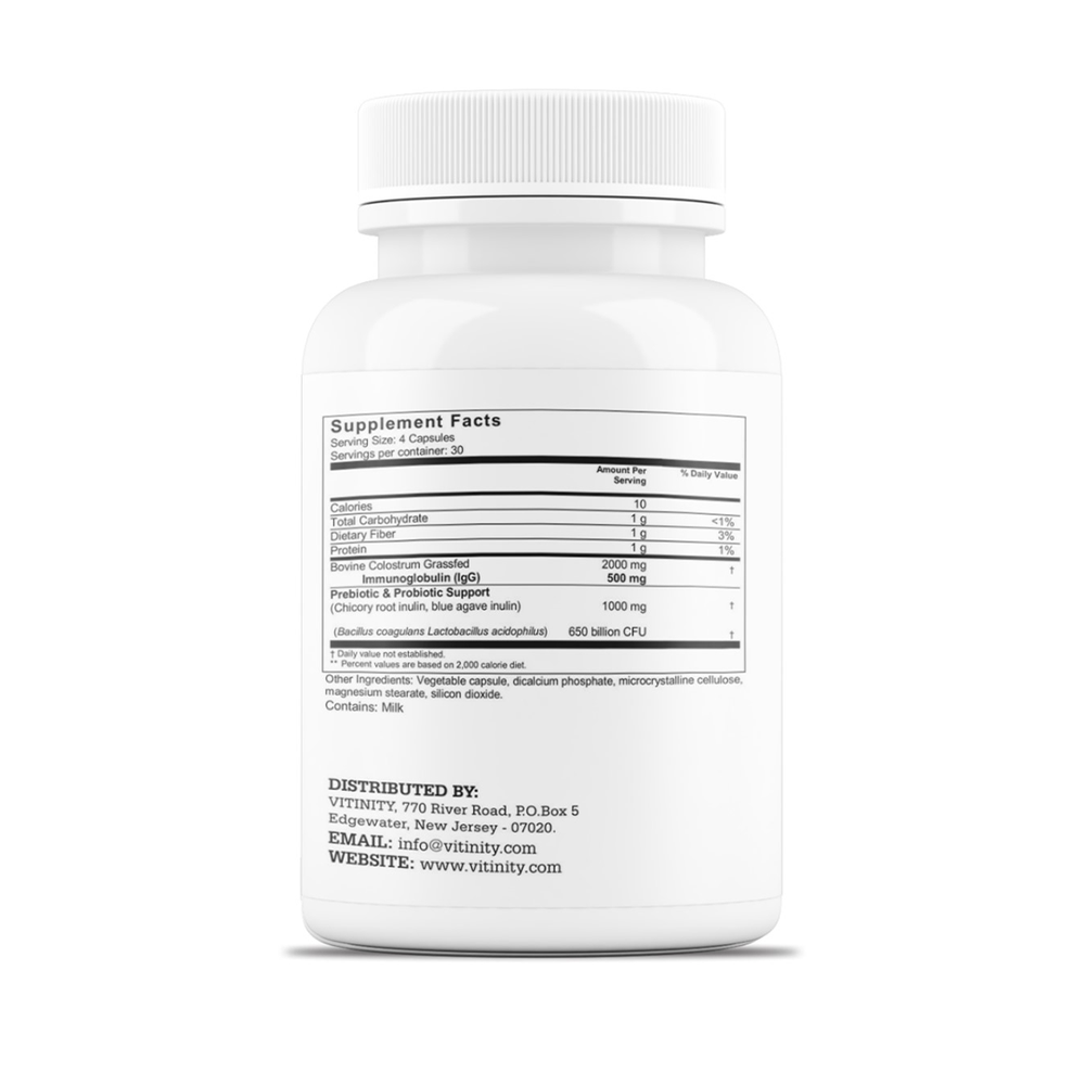 VITINITY Grass-Fed Bovine Colostrum Capsules – IgG Colostrum Supplement with Prebiotics & Probiotics for Gut Health, Immune Support, Muscle Recovery & Wellness | Pure Superfood, Unflavored (120 Count)