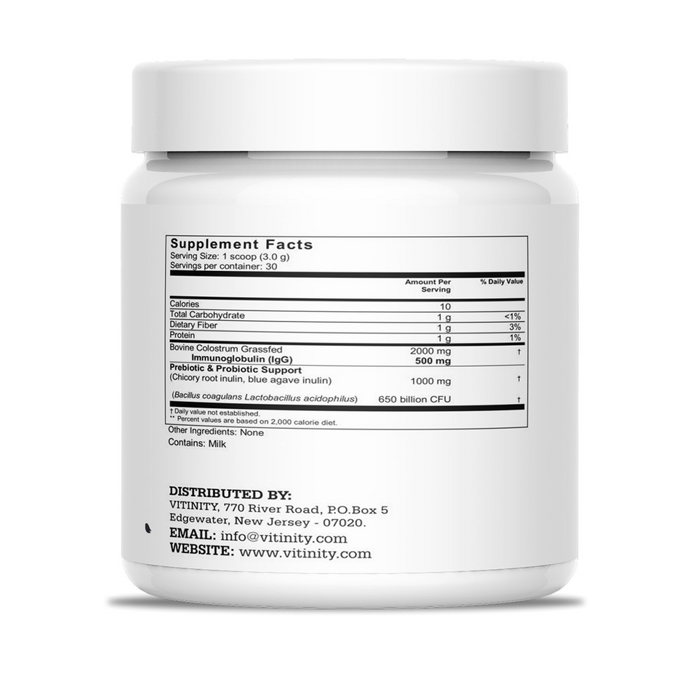 VITINITY Grass-Fed Bovine Colostrum Powder – IgG Colostrum Supplement with Prebiotics & Probiotics for Gut Health, Immune Support, Muscle Recovery & Wellness | Pure Superfood, Unflavored (90g)