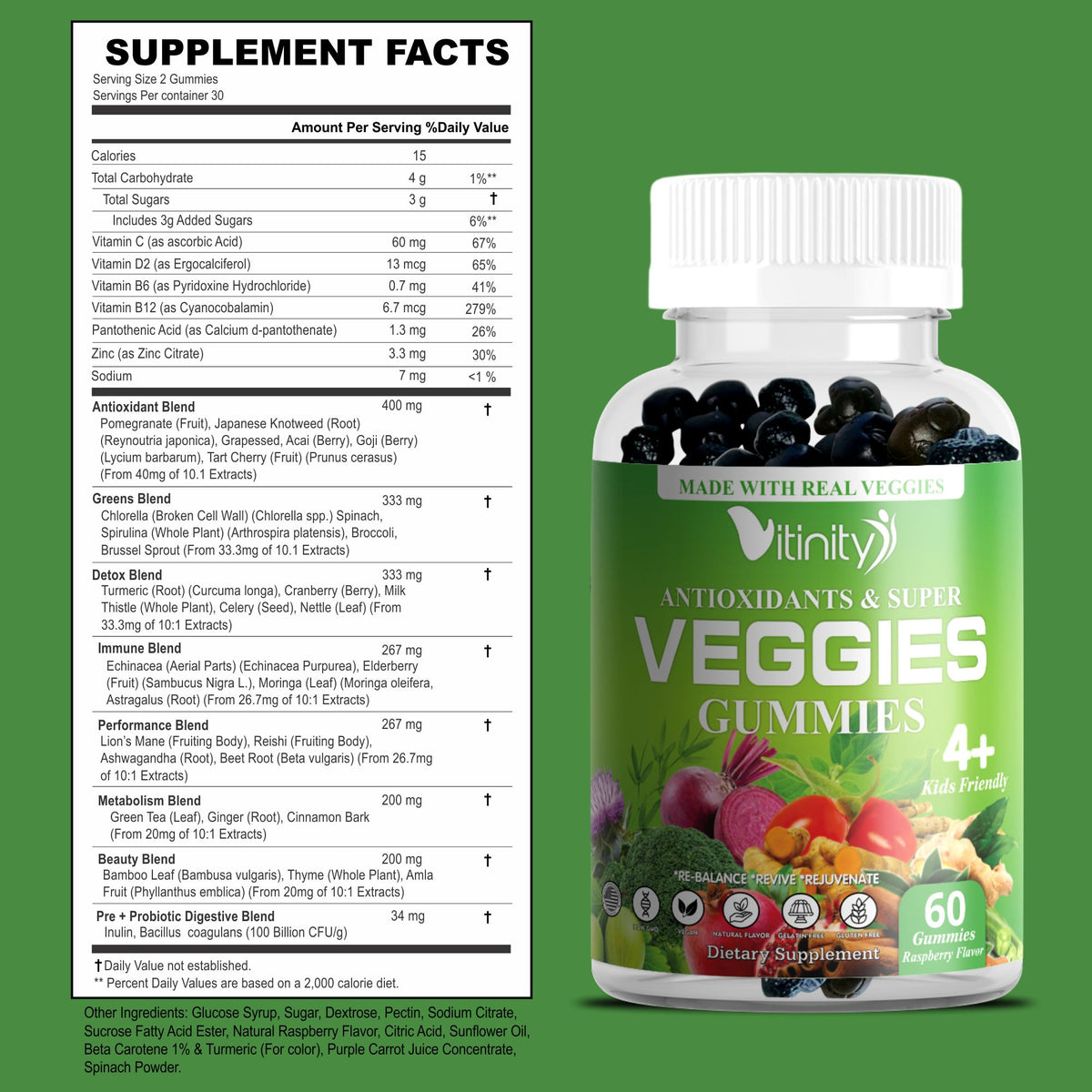 VITINITY Made with Real Super Veggies Delicious Gummy Supplement,Men,Women &amp; Kids(60 Chews),30 Veggies,Herbs,Fruit and Vegetable Vitamins,Non-GMO,Pectin-Based,Gluten-Free,No More Pills (60 Day Supply)