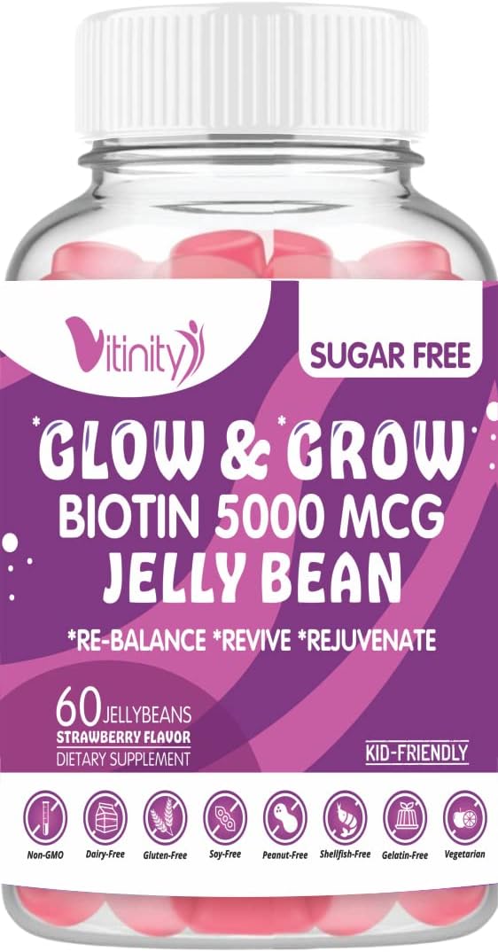 VITINITY Biotin 5000 Mcg Extra Strength Vegetarian Sugar-Free Supplement-Supports Healthier Hair &amp; Skin - Women &amp; Men 120 Veggie Sugar-Free Jelly Beans (30 Day Supply)