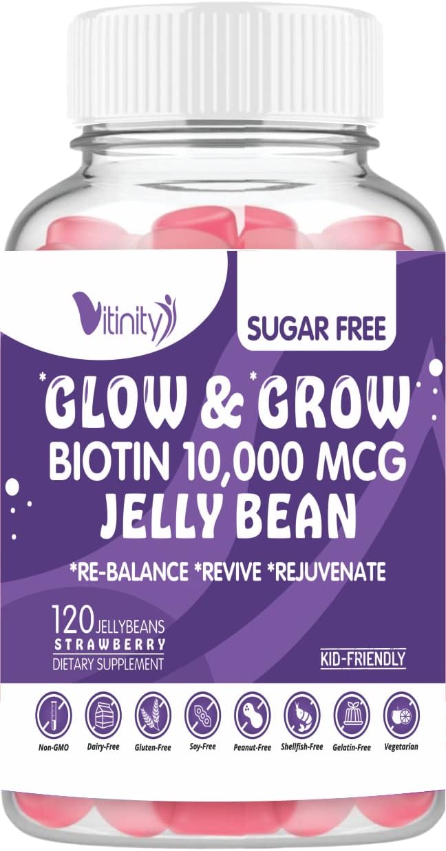 VITINITY Biotin 10000 Mcg Extra Strength Vegetarian Sugar-Free Supplement-Supports Healthier Hair &amp; Skin - Women &amp; Men 120 Veggie Sugar-Free Jelly Beans (30 Day Supply)