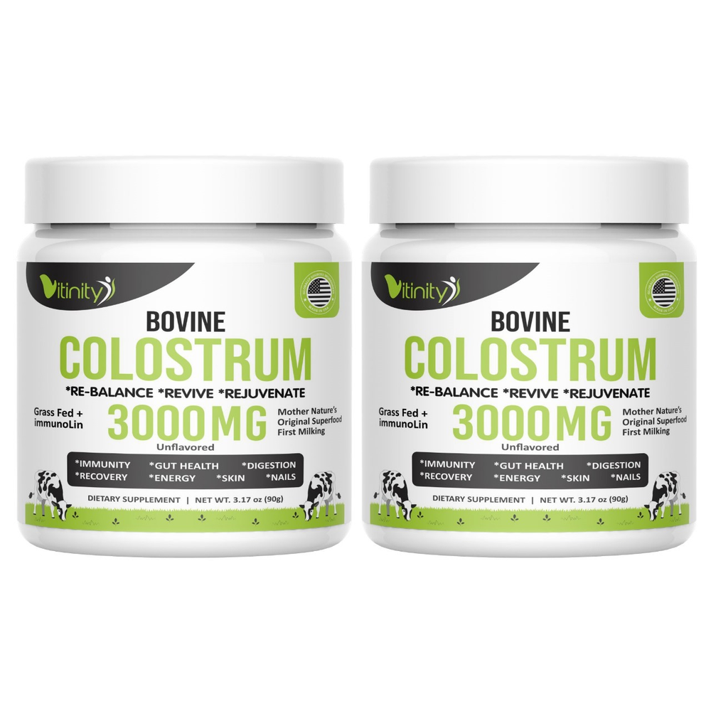 VITINITY Grass-Fed Bovine Colostrum Powder – IgG Colostrum 3000 mg Supplement with Prebiotics & Probiotics for Gut Health, Immune Support, Muscle Recovery & Wellness | Pure Superfood, Unflavored (2 packx90g)